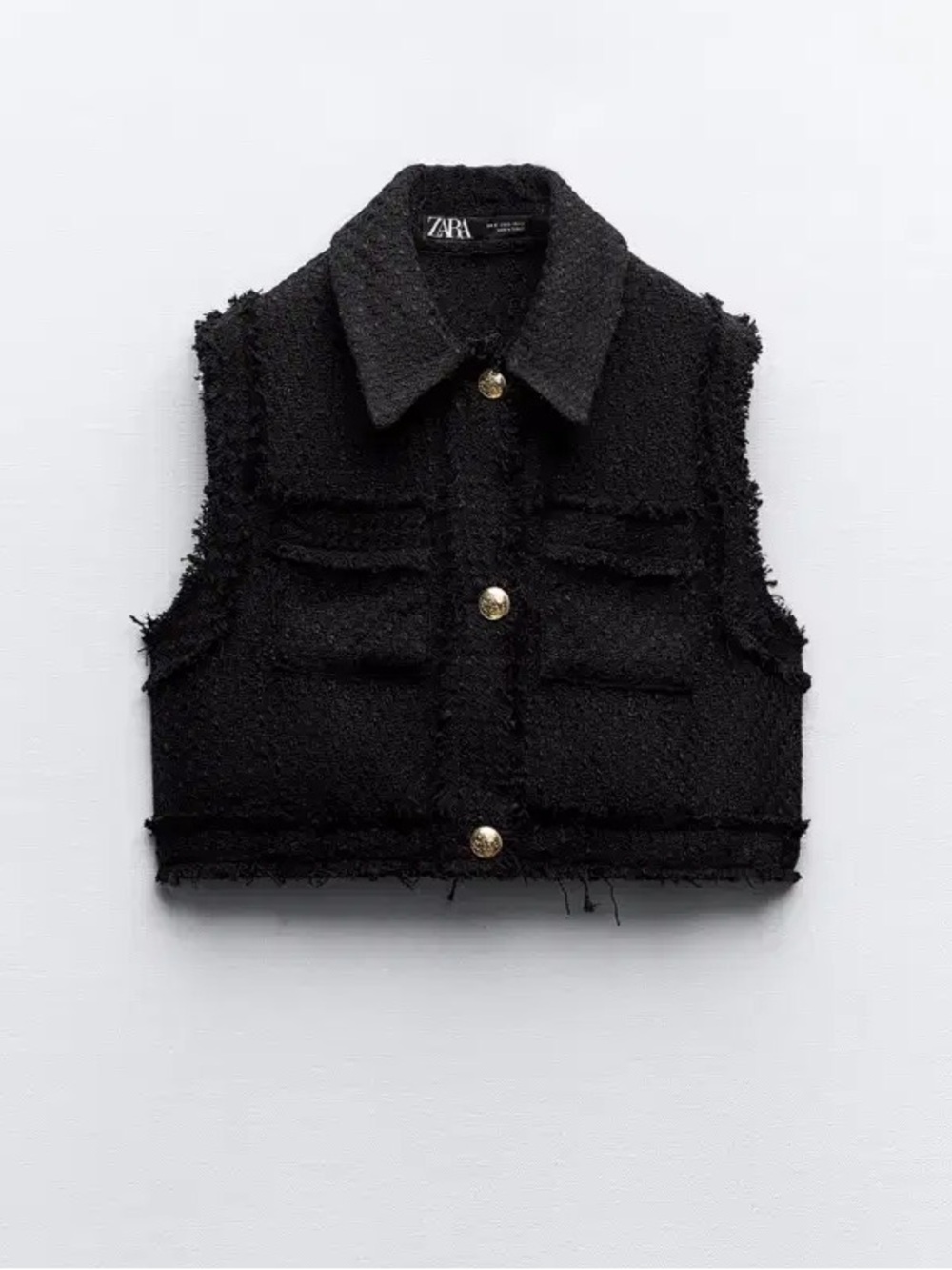Zara Black Tweed Cropped Vest with Gold Buttons